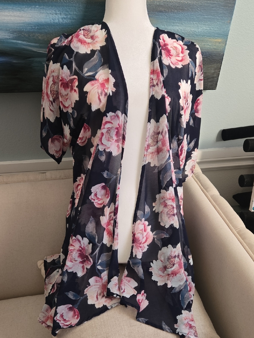 Navy & pink flower kimono cardigan